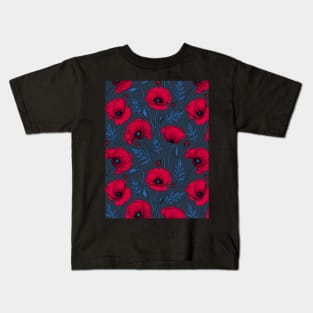 Red poppies and ladybugs on dark blue Kids T-Shirt